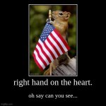 patriotic squirrel | right hand on the heart. | oh say can you see... | image tagged in funny,demotivationals | made w/ Imgflip demotivational maker