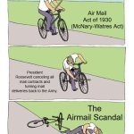 The Airmail Scandal | Air Mail Act of 1930 (McNary-Watres Act); President Roosevelt canceling all mail contracts and turning mail deliveries back to the Army. The Airmail Scandal | image tagged in memes,bike fall | made w/ Imgflip meme maker