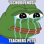 crying frog | "SCHOOL ENDS"; TEACHERS PETS | image tagged in crying frog | made w/ Imgflip meme maker