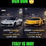 Funny | UGH DUH 🙄; ITALY IS WAY CLOSER TO SAUDI MONEY. | image tagged in funny,cars,shut up and take my money fry,economics,corvette,lamborghini | made w/ Imgflip meme maker