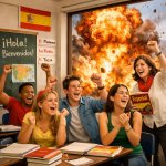 students enjoying spanish class with explosion in background