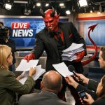 the Devil hands out sheets of paper to reporters in a television