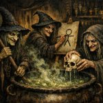 three nasty-looking witches: one stirs a pot; another draws a st