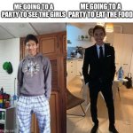 Parties be like: | ME GOING TO A PARTY TO SEE THE GIRLS; ME GOING TO A PARTY TO EAT THE FOOD | image tagged in fernanfloo dresses up,memes,funny,party time | made w/ Imgflip meme maker