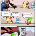Pokémon Spin-off game plans meme | Any ideas for new Pokémon Spin-off games? Pokémon Ranger remakes; New Mystery Dungeon game; Pokémon Chronicles: The Unova Legends | image tagged in pokemon board meeting,pokemon,pokemon memes,memes | made w/ Imgflip meme maker