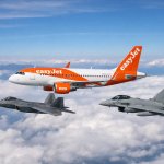 f22 raptor and eurofighter typhoon escorting an easyjet a319neo