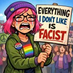liberal woman with pink hair crying and holding a sign that says