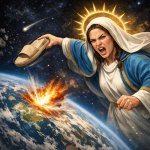 angry virgin mary throwing slipper at earth from space