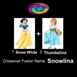 Crossover Fusion - Snow White and Thumbelina | Snow White; Thumbelina; Snowlina | image tagged in crossover fusion - 2 characters template,snow white and the seven dwarfs,thumbelina,snow white,fairy tales,disney princess | made w/ Imgflip meme maker