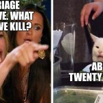 Smudge that darn cat with Karen | MARRIAGE KILLS LOVE. WHAT DOES LOVE KILL? ABOUT TWENTY MINUTES | image tagged in smudge that darn cat with karen | made w/ Imgflip meme maker