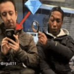 Guy with magnifying glass looking at phone meme