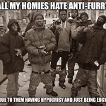 all my Homies hate | ALL MY HOMIES HATE ANTI-FURRY; DUE TO THEM HAVING HYPOCRISY AND JUST BEING EDGY | image tagged in all my homies hate,funny,furry,meme,makes sense | made w/ Imgflip meme maker