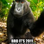 ffbd59 | THE WORLD'S GONE TO HELL, YOU SAY? BRO IT'S 2011, HELP ME SECURE COPYRIGHT TO THIS SELFIE | image tagged in monkey selfie | made w/ Imgflip meme maker