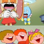 children laughing at Cream the rabbit