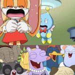 Everyone laughing at cream the rabbit