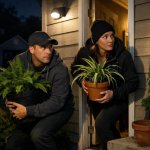 a couple taking their plants from outside a home sneakily