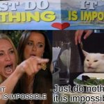 Woman Yelling At Cat | JUST DO IT NOTHING IS IMPOSSIBLE; Just do nothing it is impossible | image tagged in memes,woman yelling at cat | made w/ Imgflip meme maker