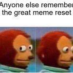 ? | Anyone else remember the great meme reset | image tagged in memes,monkey puppet | made w/ Imgflip meme maker