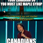 You do understand you just insulted my entire race of people? | YOUR CANADIAN SO YOU MUST LIKE MAPLE SYRUP; CANADIANS | image tagged in you do understand you just insulted my entire race of people | made w/ Imgflip meme maker