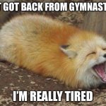 Fox screaming | JUST GOT BACK FROM GYMNASTICS; I’M REALLY TIRED | image tagged in fox screaming,gymnastics | made w/ Imgflip meme maker