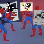 Four classic feline cartoon characters in a nutshell | image tagged in 4 spiderman pointing at each other,felix the cat,julius the cat,krazy kat,waffles,similarities | made w/ Imgflip meme maker