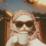 Cat drinking tea while world ends