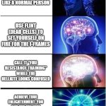 This meme is AI. Go laugh at it or not. | DODGE THE HELLKITE'S FIRE LIKE A NORMAL PERSON; USE FLINT (DEAD CELLS) TO SET YOURSELF ON FIRE FOR THE I-FRAMES; CALL IT "FIRE RESISTANCE TRAINING" WHILE THE HELLKITE LOOKS CONFUSED; ACHIEVE TRUE ENLIGHTENMENT: YOU AND THE HELLKITE ARE NOW JUST TWO FLAMES JUDGING EACH OTHER | image tagged in memes,expanding brain | made w/ Imgflip meme maker