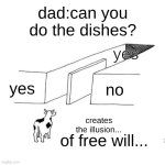The illusion of free choice blank | dad:can you do the dishes? yes; yes; no; creates the illusion... of free will... | image tagged in the illusion of free choice blank | made w/ Imgflip meme maker
