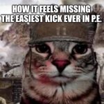 </3 | HOW IT FEELS MISSING THE EASIEST KICK EVER IN P.E. | image tagged in 1000 yard stare cat | made w/ Imgflip meme maker