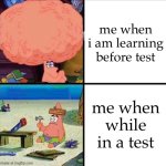 a | me when i am learning before test; me when while in a test | image tagged in patrick big brain,hello,meme,cool,why are you reading the tags | made w/ Imgflip meme maker