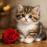 Cute kitten sitting with a red rose