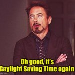 Robert Downey Jr Annoyed | Oh good, it’s Gaylight Saving Time again | image tagged in robert downey jr annoyed,daylight saving time | made w/ Imgflip meme maker