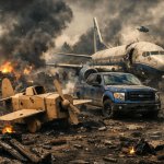 a flying card board plane, blue ford f-150 and a  flying boeng 7