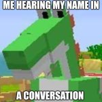 Yoshi Stare | ME HEARING MY NAME IN; A CONVERSATION | image tagged in yoshi stare | made w/ Imgflip meme maker