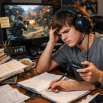 guy struggling to do home work while playing games with 2 hands