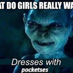 What Girls Want | WHAT DO GIRLS REALLY WANT? Dresses with | image tagged in gollum nasty pocketses,girls,dress,hot pockets,women | made w/ Imgflip meme maker
