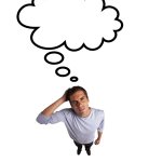 puzzled man looking up with thought balloon
