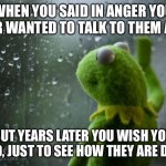 Regret saying you never wanted to talk again | WHEN YOU SAID IN ANGER YOU NEVER WANTED TO TALK TO THEM AGAIN; BUT YEARS LATER YOU WISH YOU COULD, JUST TO SEE HOW THEY ARE DOING. | image tagged in kermit window | made w/ Imgflip meme maker