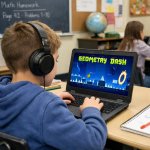 kid on computer playing geometry dash in school