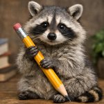 raccoon holding a pencil