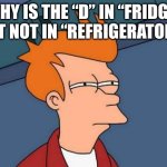 why tho are they not the same thing | WHY IS THE “D” IN “FRIDGE” BUT NOT IN “REFRIGERATOR”? | image tagged in memes,futurama fry | made w/ Imgflip meme maker