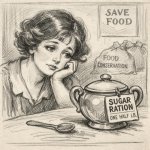 a 1918-style family longingly at a sugar bowl with a rationed st