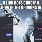 Lion Roars at monkey | A LION DOES CONCERN HIMSELF WITH THE OPINIONS OF LOWS | image tagged in lion roars at monkey | made w/ Imgflip meme maker