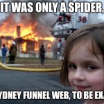 Sydney Funnel web spiders are some of the most dangerous spiders in the world | IT WAS ONLY A SPIDER, A SYDNEY FUNNEL WEB, TO BE EXACT | image tagged in memes,disaster girl | made w/ Imgflip meme maker