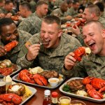 U.S. soldiers gorging themselves on steak and lobster