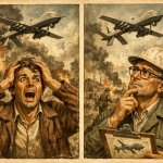 a normal person seing a drone during war with scrry reaction on