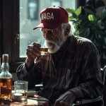 elderly MAGA drinking liquor wheelchair alone evil