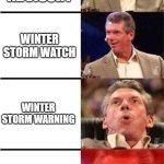 Vince McMahon Reaction w/Glowing Eyes | WINTER WEATHER ADVISORY; WINTER STORM WATCH; WINTER STORM WARNING; BLIZZARD | image tagged in vince mcmahon reaction w/glowing eyes | made w/ Imgflip meme maker