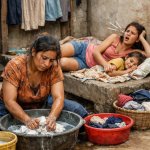 Mother working washing clothing and sad and  sister rest and cla