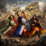 woman wearing Italian flag, woman wearing French flag, and woman